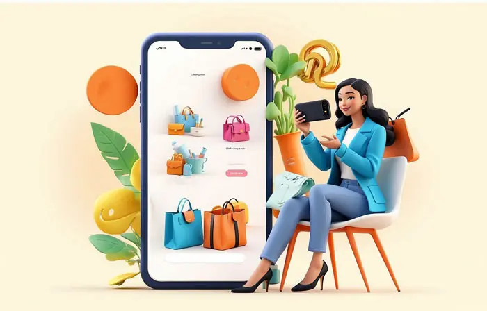 Girl Using Mobile Online Shopping 3D Character Illustration